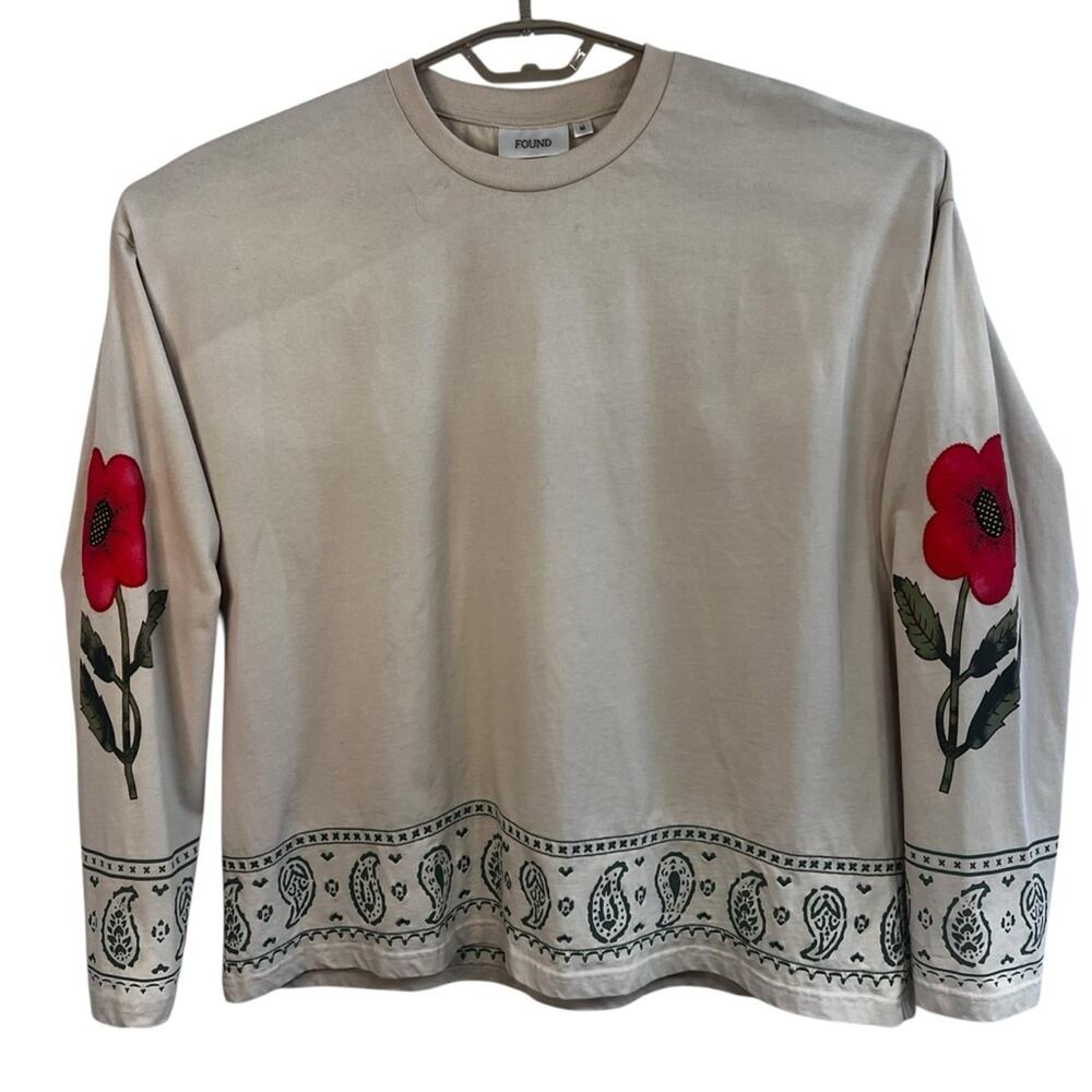 FOUND Poppy Floral Sleeve Paisley Border Long Sleeve Top – Size Medium Boho Folk
